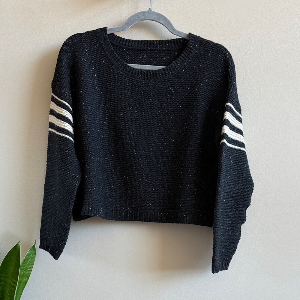 Cropped Black Confetti Sweater with Stripes